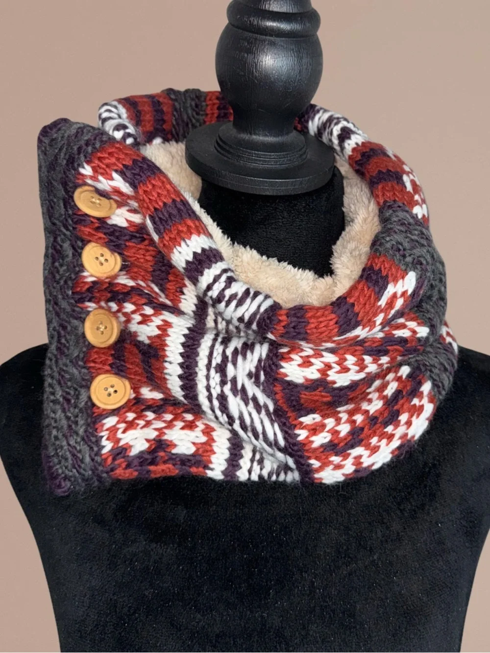 Duluth Trading Co Women's Fair Isle Knit Neck Warmer Scarf Faux Fur Lined